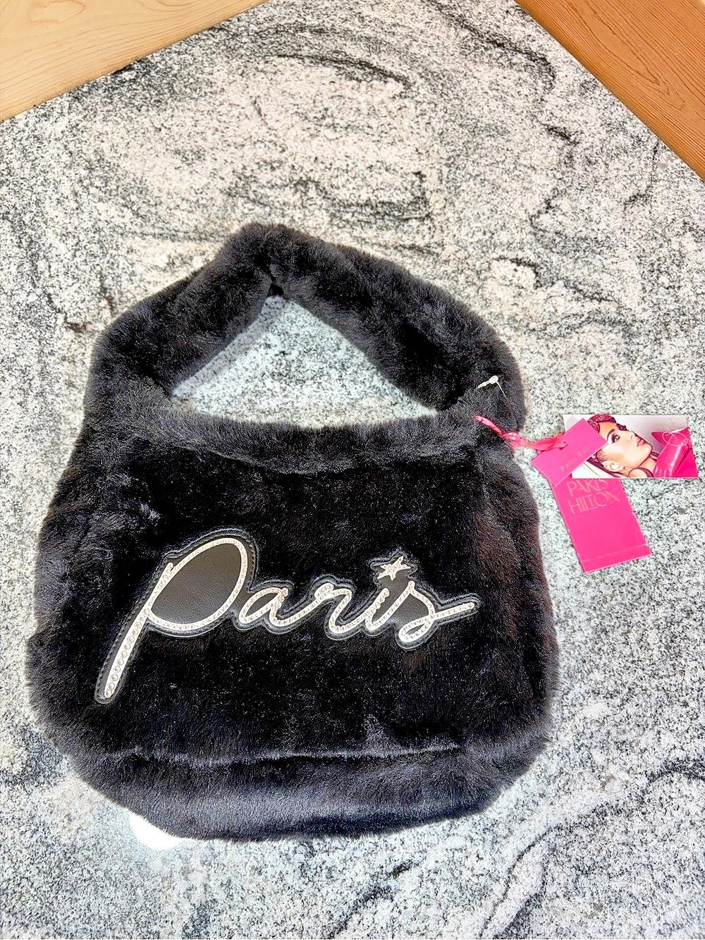 Paris Hilton Faux Fur Shoulder Bag with Rhinestone Script Logo Black NWT - Picture 2 of 7